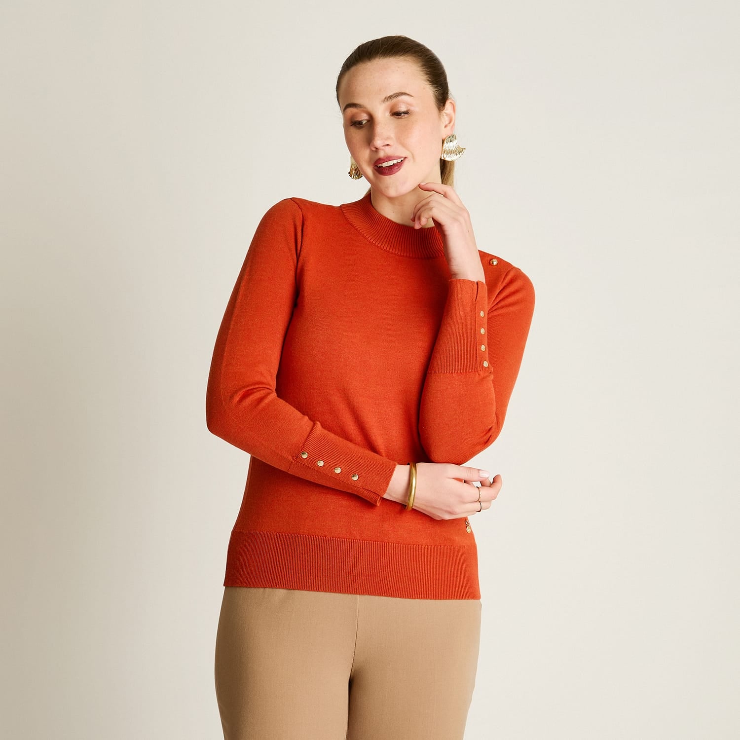 Sweater Terracota Manga Larga Elasticidad Media Sin Forro Calce Normal Tela Tejido
